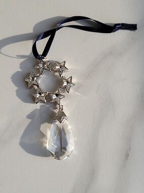 Swarovski Crystal Star Drop Ornament - Silver with Navy Ribbon